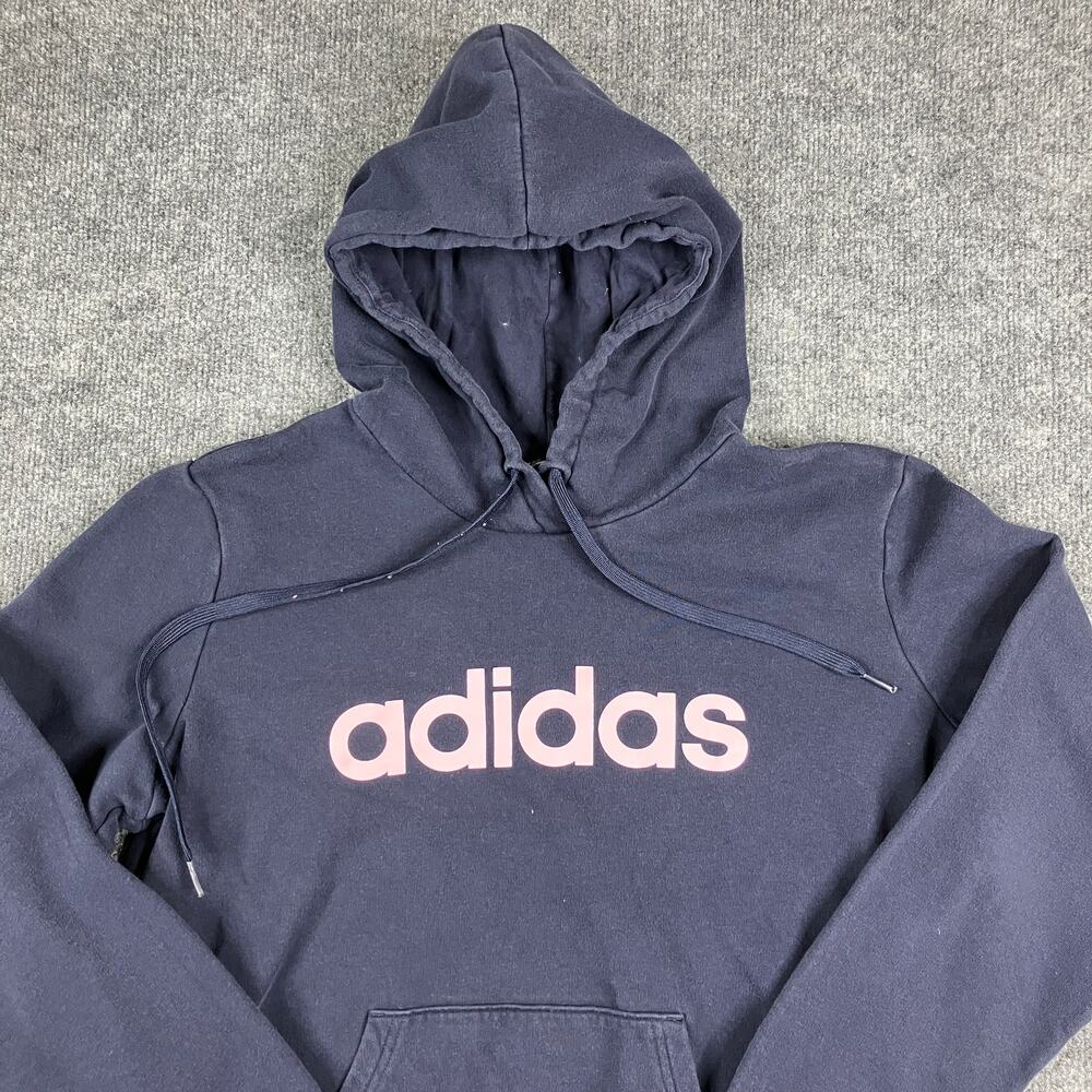 Adidas Hoodie Womens XL Navy Pink Logo Pullover Sweatshirt Kangaroo Pocket